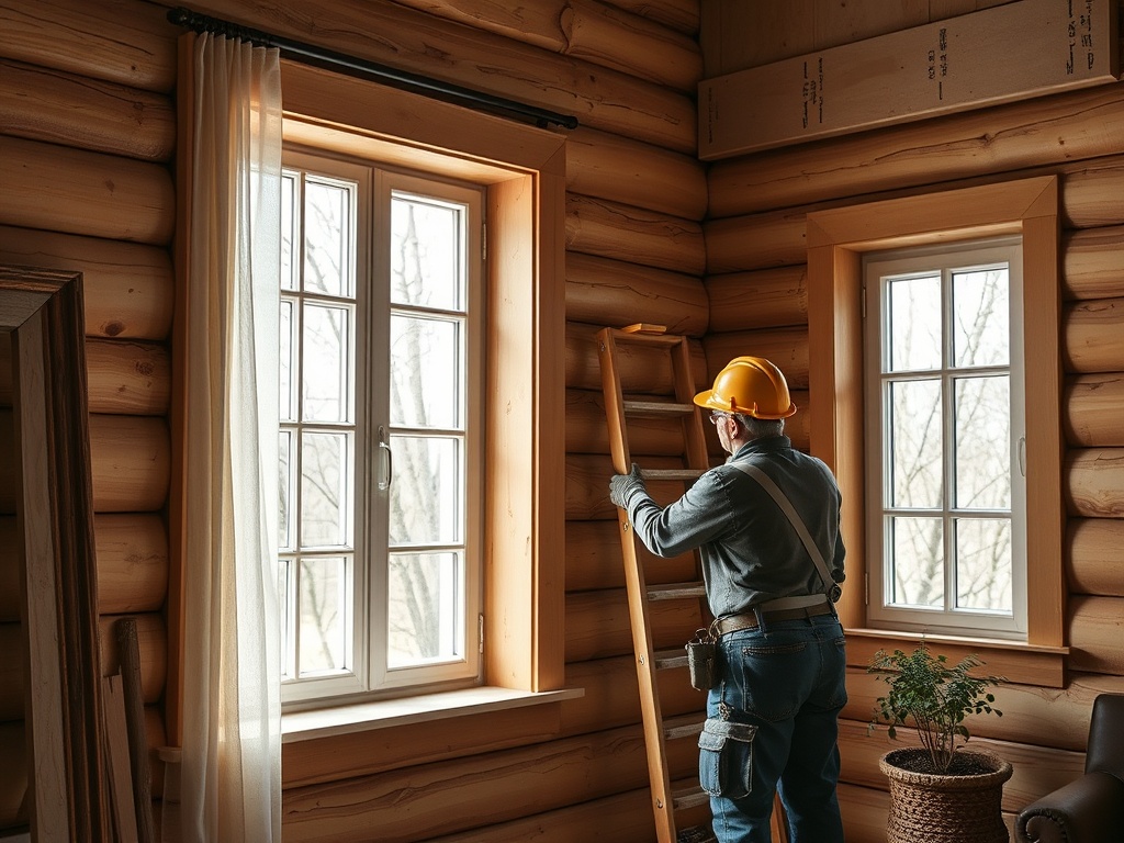 Рабочий в строительной каске устанавливает лестницу в деревянном доме с большими окнами и растением.