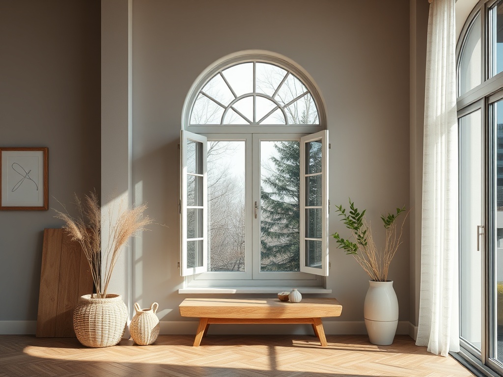 Светлая комната с открытым окном, деревянным столом и растениями в вазах, создающая уютную атмосферу.