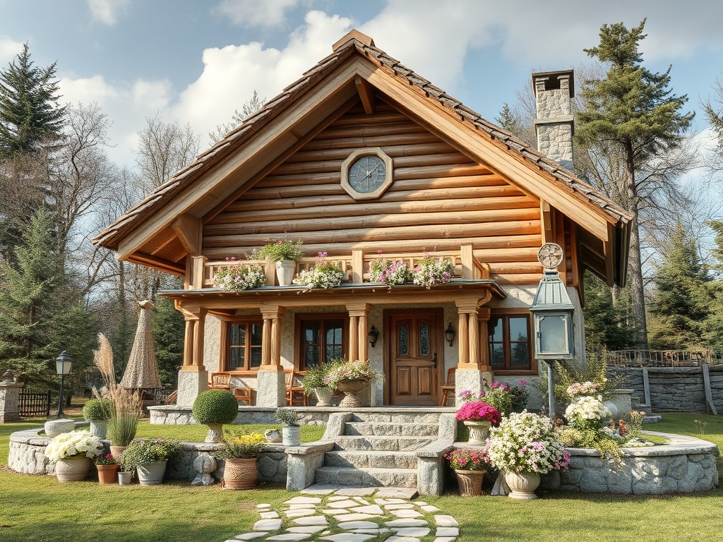 Деревянный загородный дом с цветами и красивым ландшафтом на фоне леса и неба.