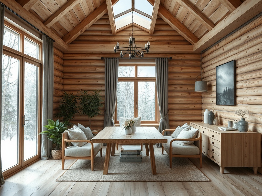 Современный деревянный интерьер с большим столом, мягкими креслами и окнами, выходящими на зимний пейзаж.