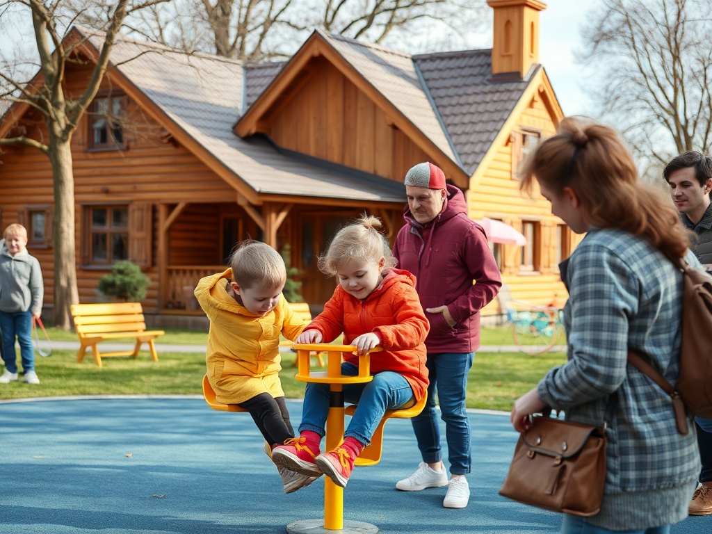Детская площадка: двое детей играют на карусели, рядом взрослые, на фоне деревянный дом и зеленый сад.