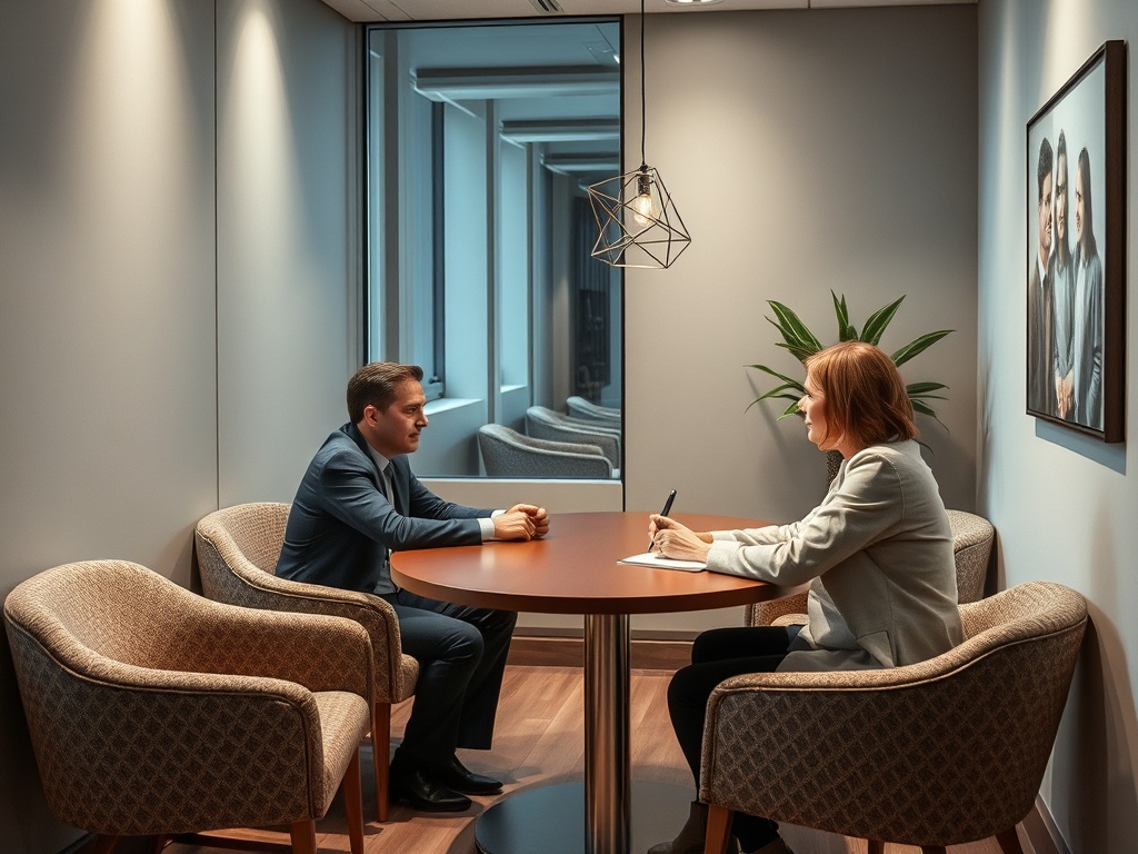 Два человека беседуют за столом в офисе. Женщина делает записи, мужчина внимательно слушает.