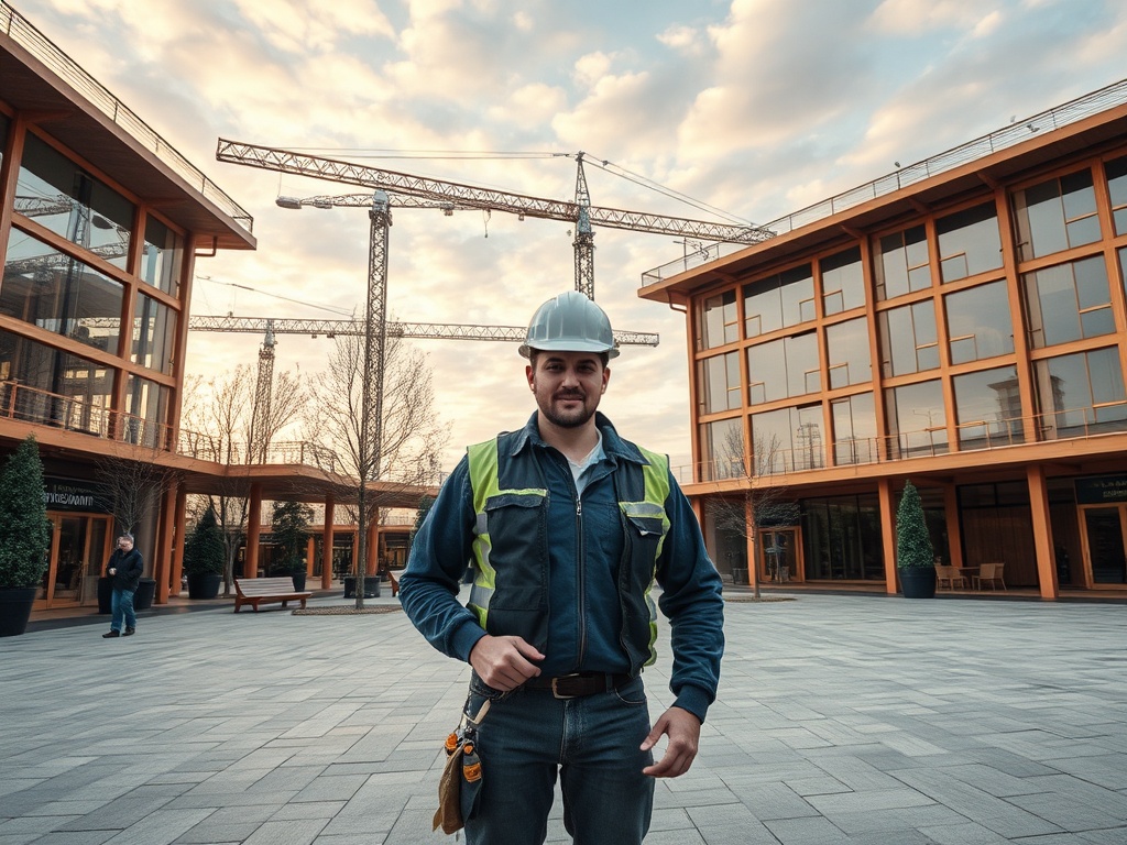 Рабочий в каске на строительной площадке с кранами на фоне зданий и неба.