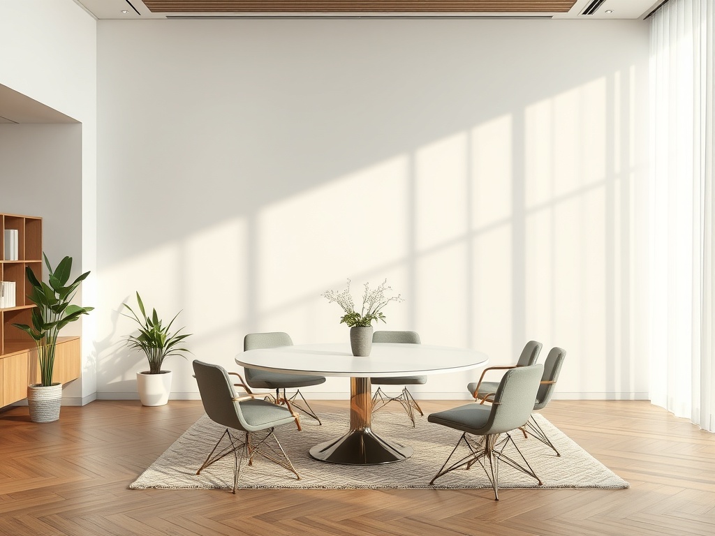 Современный интерьер: круглой стол с пятью креслами, растения и яркий свет, создающий атмосферу уюта.