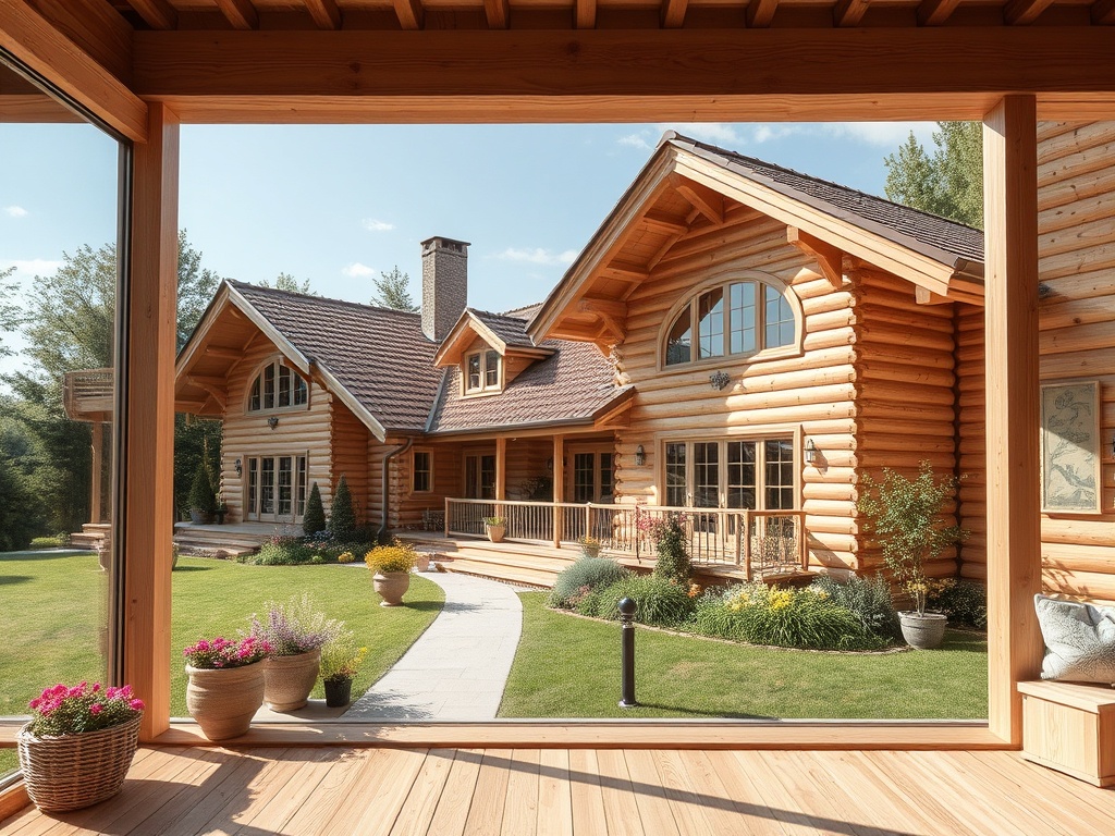 Современный деревянный дом с просторной верандой и ухоженным садом на фоне зелёного пейзажа.