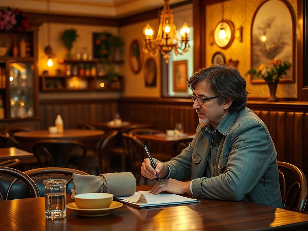 Человек с ручкой сидит за столом в уютном ресторане, записывая свои мысли в блокнот.