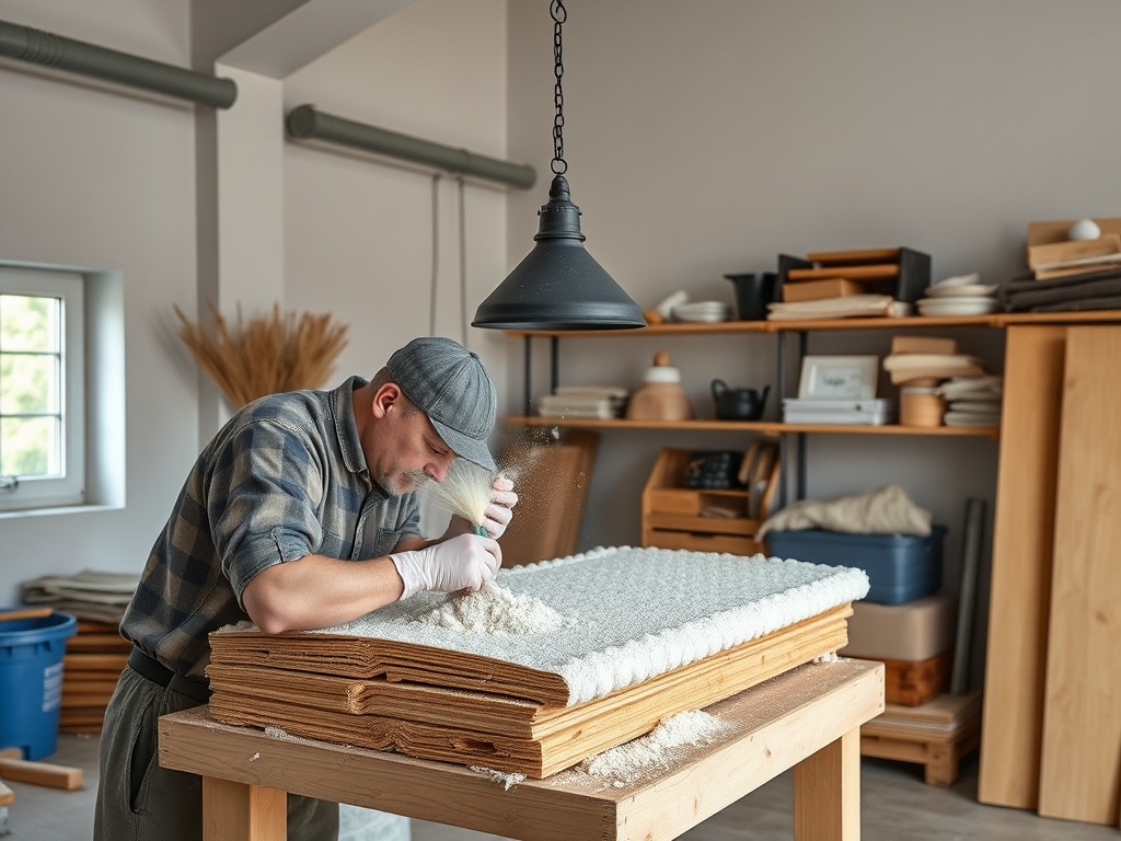 Мужчина в перчатках работает с материалом на деревянном столе в мастерской с ярким освещением.