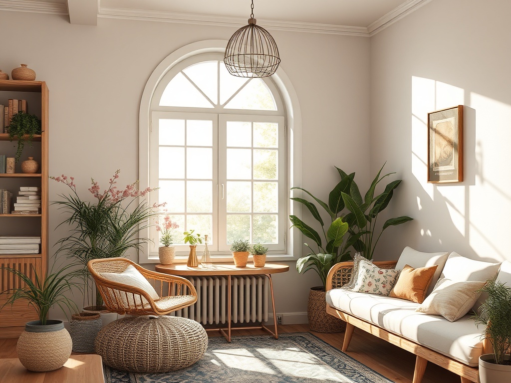 Светлая комната с большим окном, растениями, уютной мебелью и декором в скандинавском стиле.