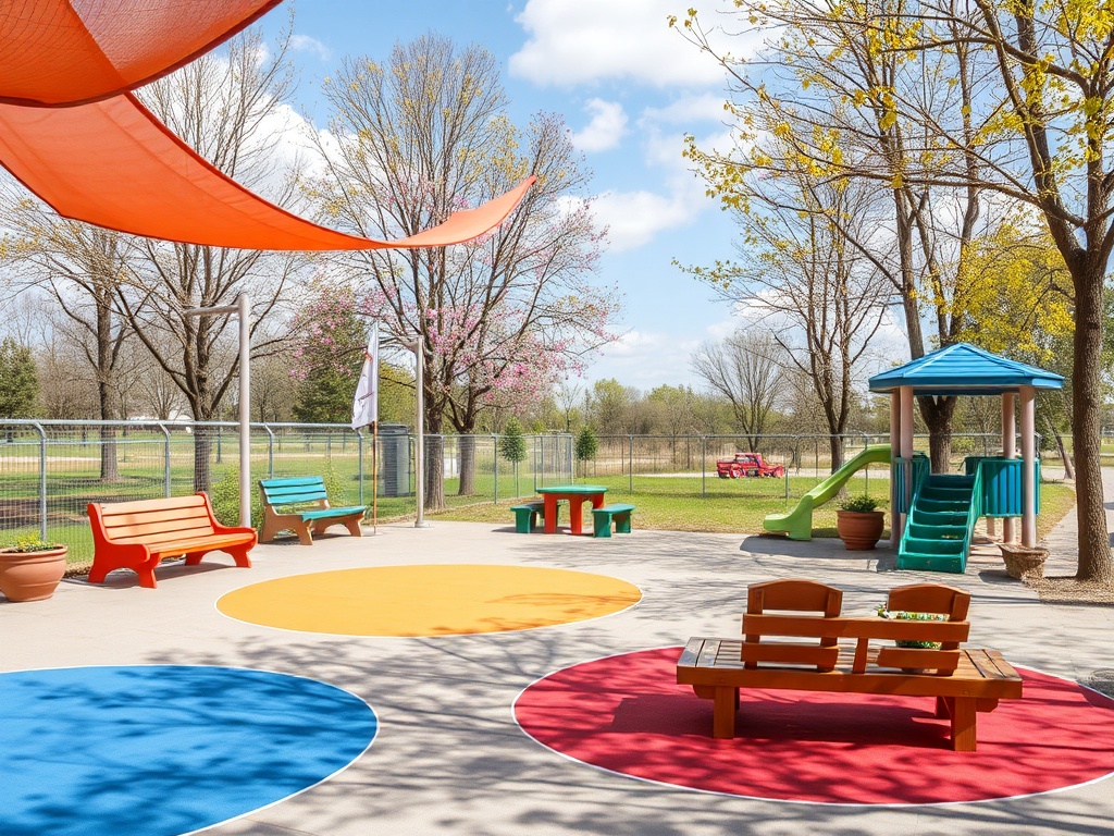 Игровая площадка с яркими скамейками, качелями и лестницей, окруженная деревьями и зелеными лужайками.