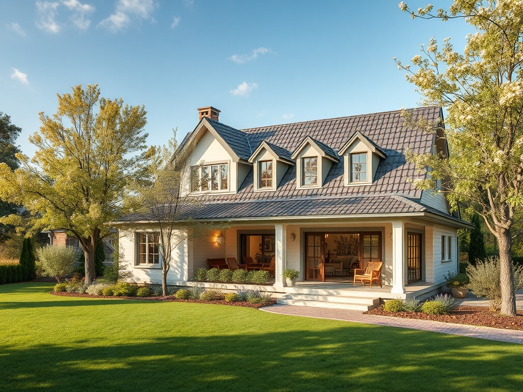 Современный дом с двускатной крышей и просторным крыльцом на фоне зеленого газона и деревьев.