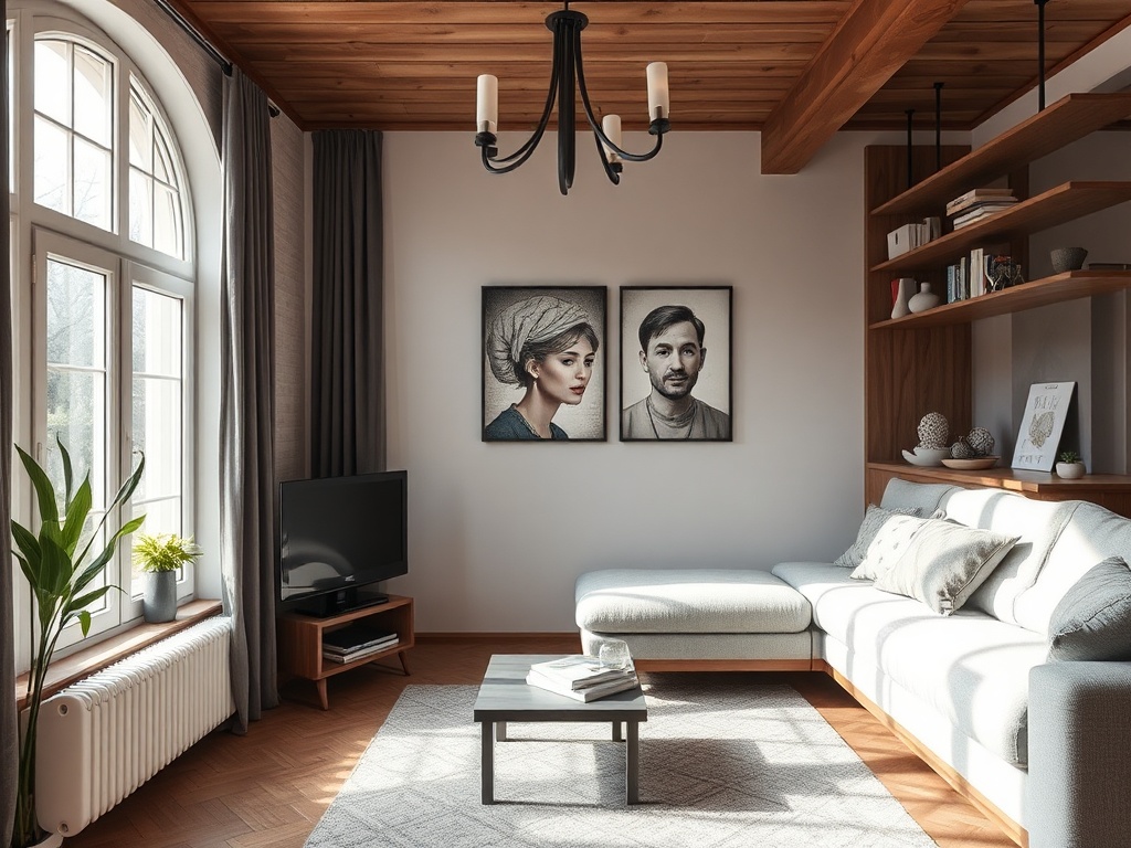 Современный интерьер гостиной с картинами, диваном и телевизором. Деревянные элементы и мягкий свет.