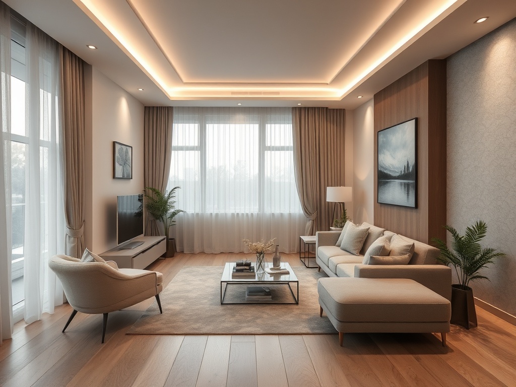 Современный светлый интерьер гостиной с диваном, телевизором и большими окнами, наполненными естественным светом.