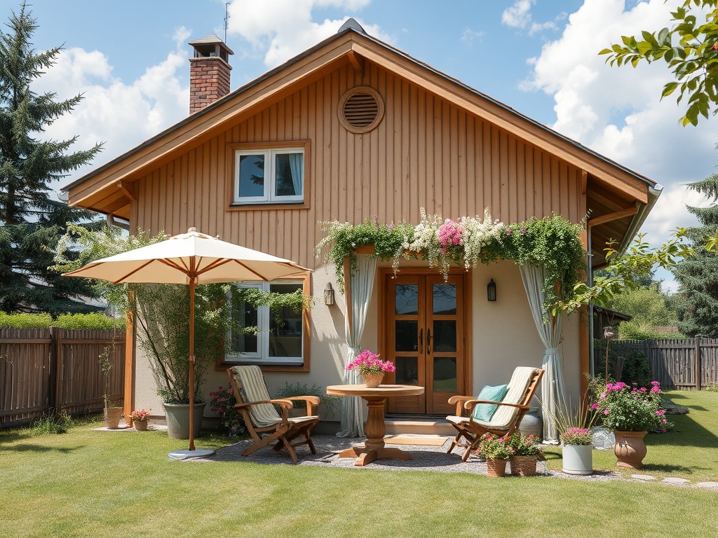 Уютный дом с деревянной отделкой, зелеными растениями и столиком на террасе под зонтом.