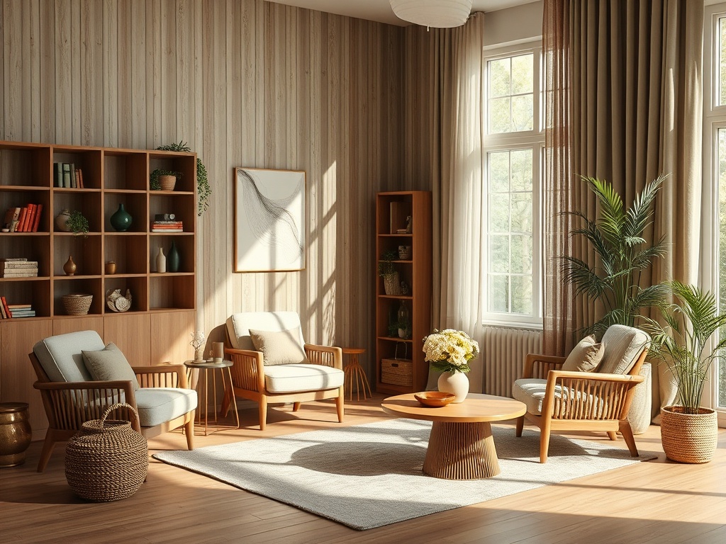 Светлая гостиная с деревянной мебелью, растениями и книжными полками на фоне больших окон.