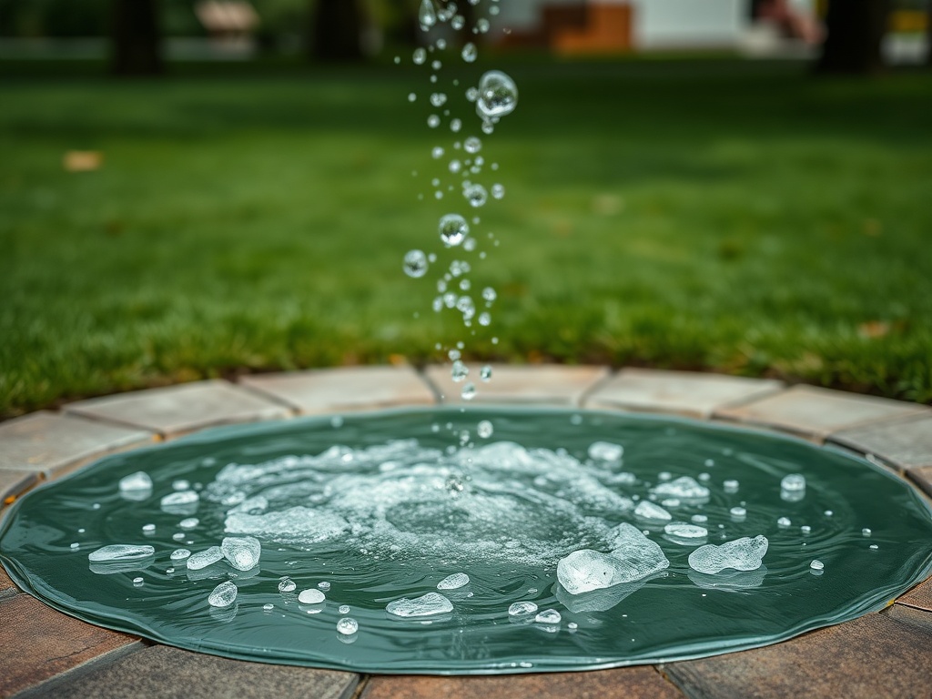 Фонтан с брызгами воды на зеленом газоне, окруженный плиткой. Вода искрится и создает пузырьки.