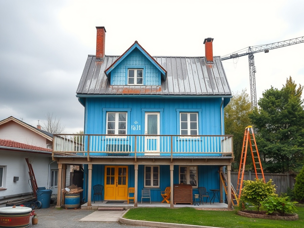 Двухэтажный дом голубого цвета с балконом, желтой дверью и лестницей на заднем плане. Ажурные деталировки.