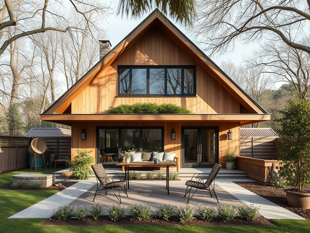 Современный древесный дом с верандой, окруженный деревьями и ухоженным садом, с мебелью на улице.