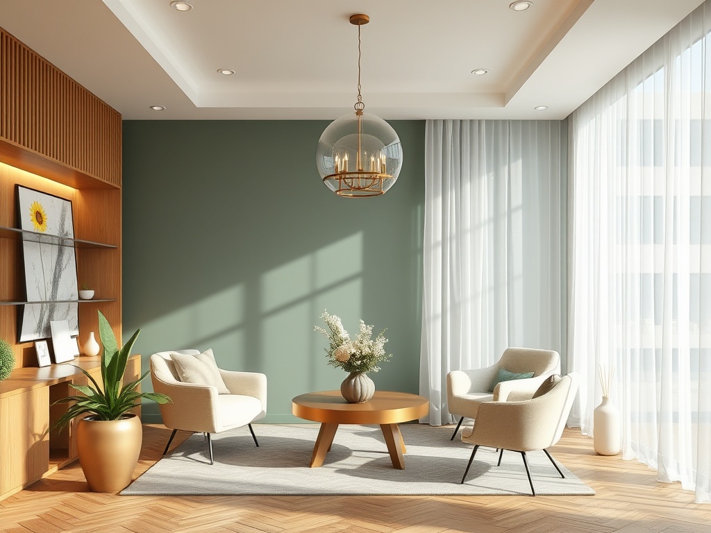 Современный интерьер с двумя креслами, круглым столом и зелеными растениями в светлом помещении.