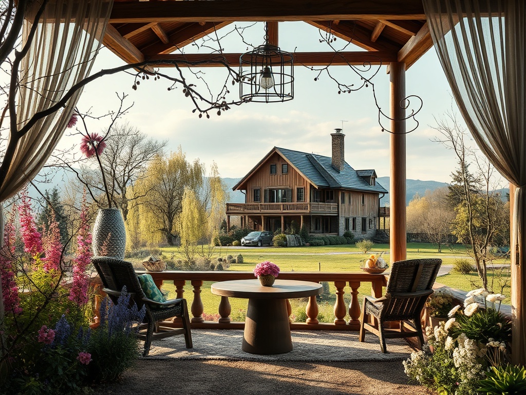 Вид на дом из террасы, окружённой цветами и уютной мебелью на фоне зелёного сада и гор.