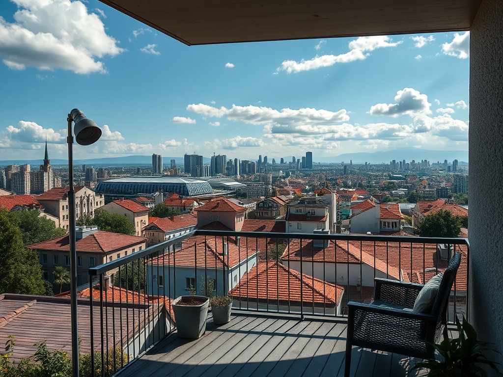 Вид с балкона на город: крыши домов с красной черепицей и современные здания на горизонте. Яркое синее небо.