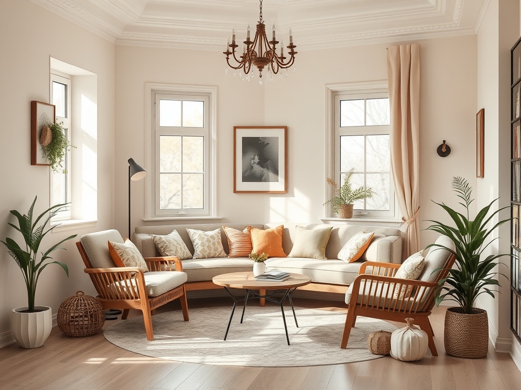 Современная уютная гостиная с светлыми тонами, мягкой мебелью и зелеными растениями.