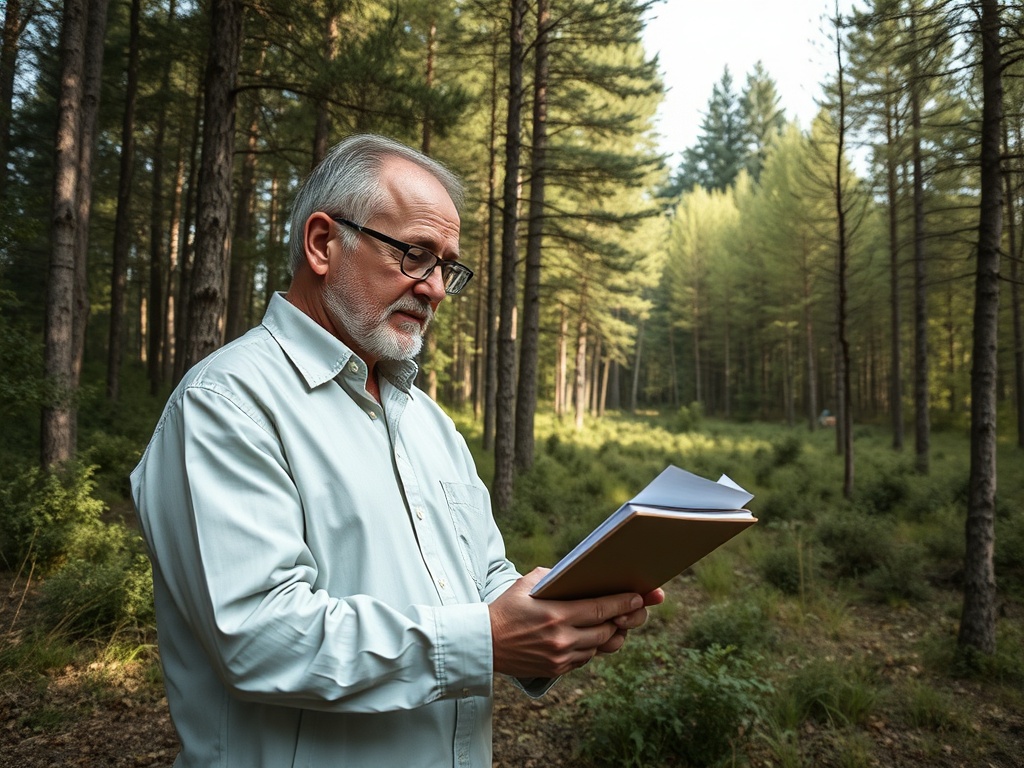 Похожий на интеллектуала человек читает в лесу, окружённый высокими деревьями и зеленью.