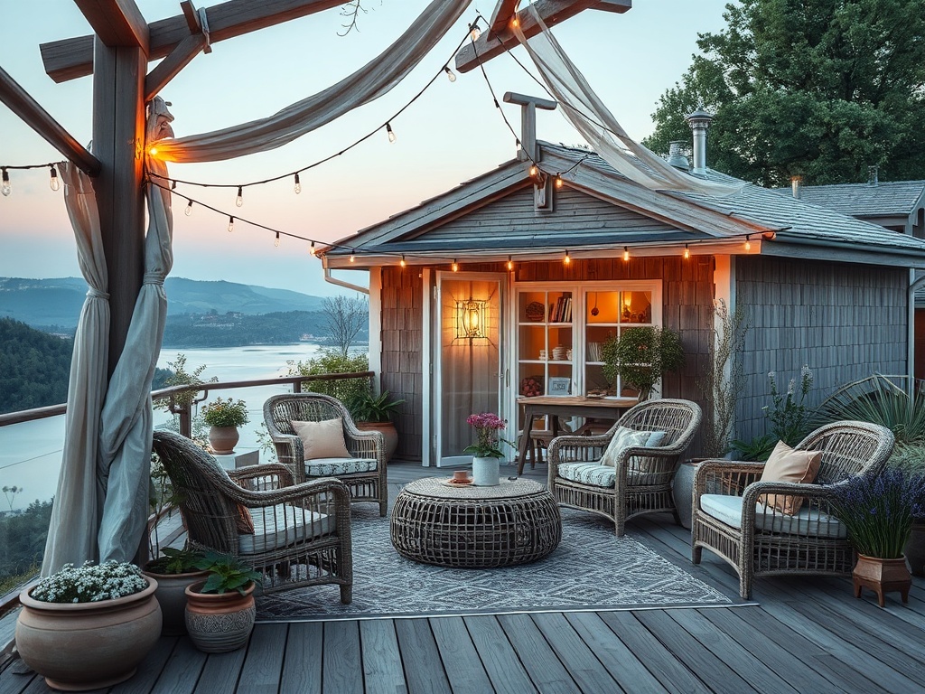 Уютная веранда с плетеными креслами, столом и декоративными растениями, освещенная огоньками при закате.