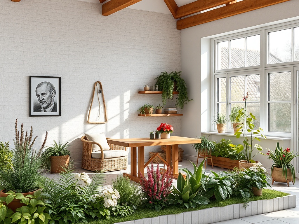 Светлое помещение с растениями, деревянным столом, креслом и картиной на стене.