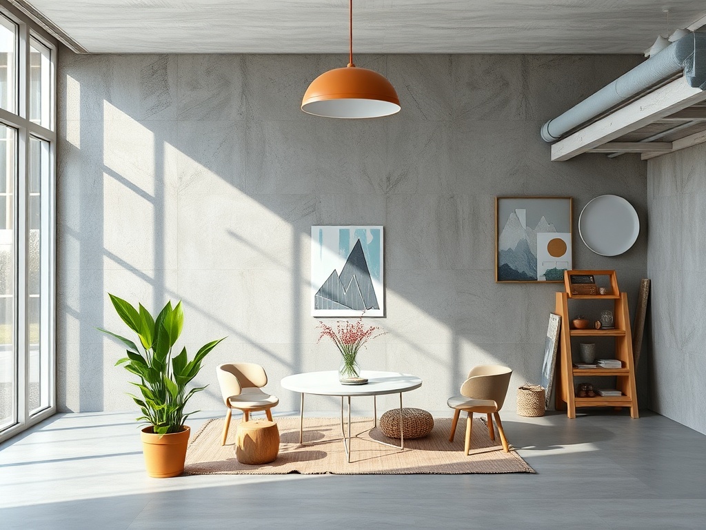 Современный светлый интерьер с креслами, столом, растением и арт-объектами на стенах.