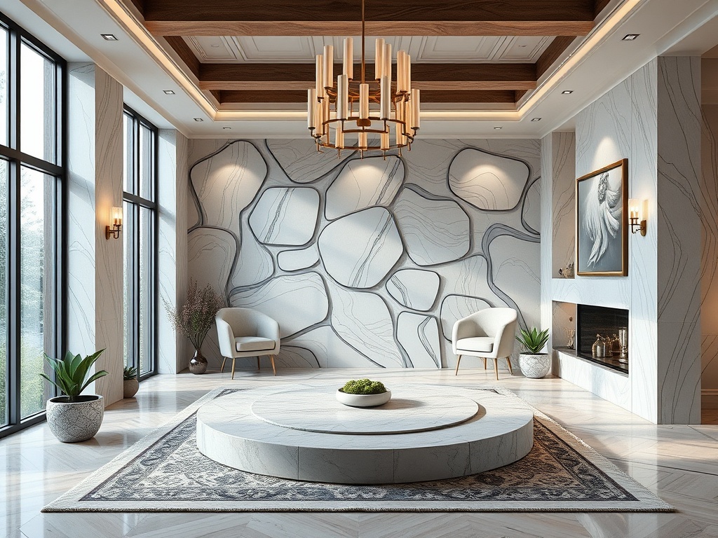 Современный интерьер с круглой мраморной подставкой, уютными креслами и стильными декоративными элементами.