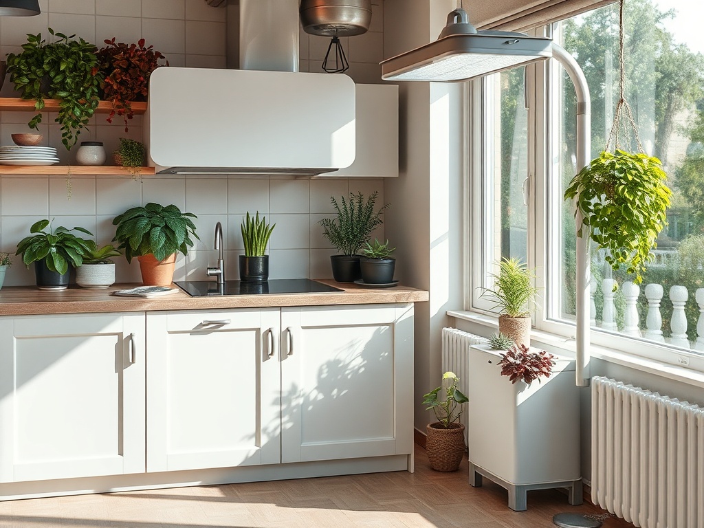 Современная кухня с растениями на полках, раковиной и большими окнами, светлое и уютное пространство.