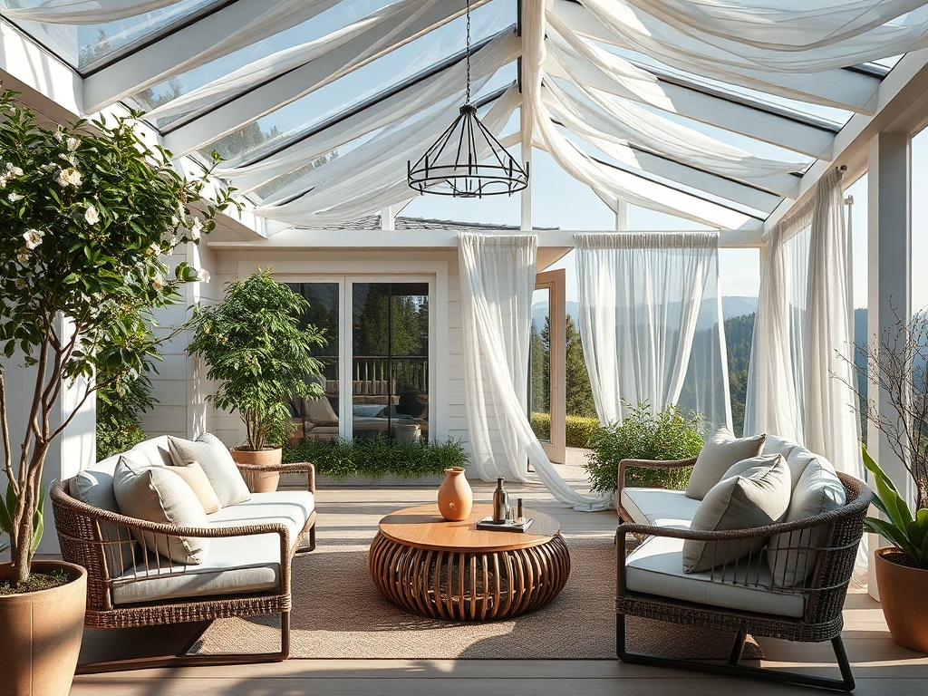 Светлая веранда с креслами, столом и растениями, украшенная струящимися шторами и открытым видом на природу.
