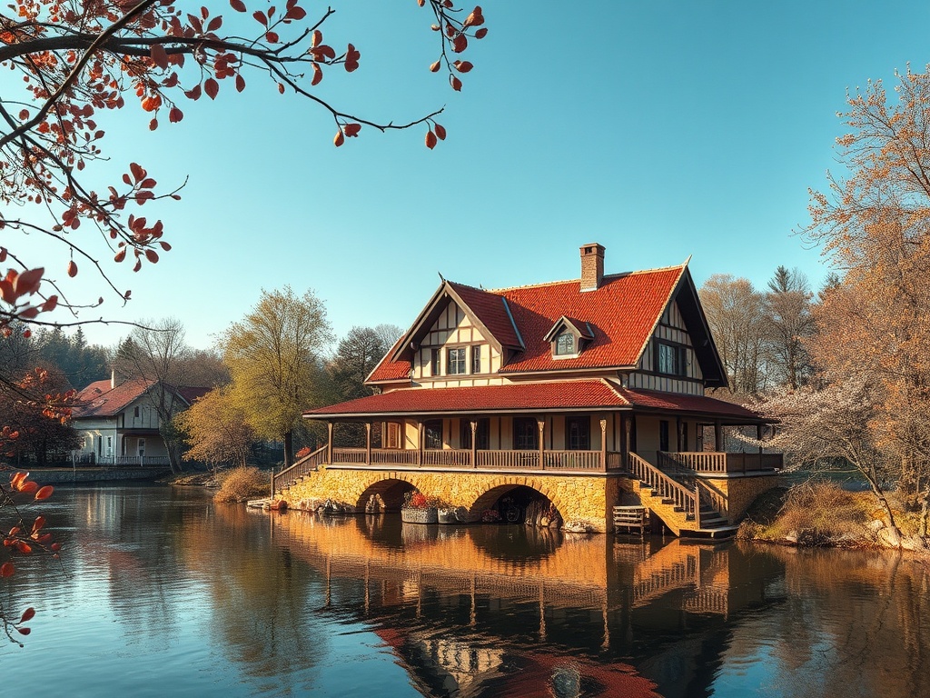 Красивая двухэтажная деревянная усадьба на берегу озера, окружённая зеленью и осенними листьями.