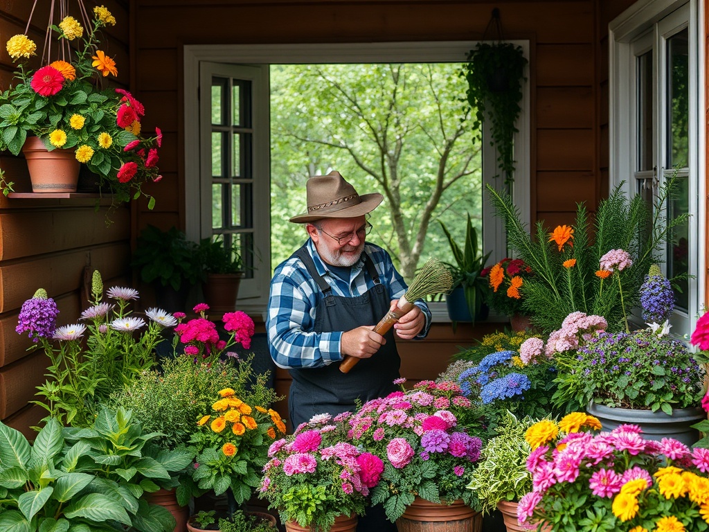 Садовод ухаживает за яркими цветами на террасе, окружённый зеленью и цветами.