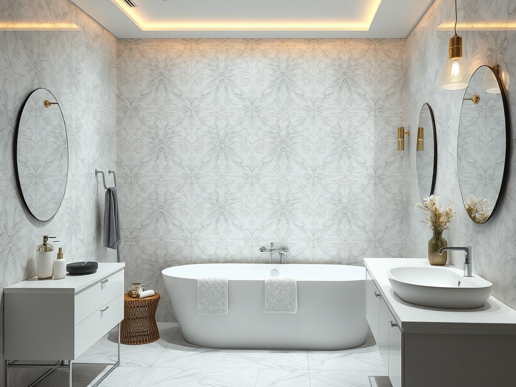 Современная ванная комната с ванной, раковиной, зеркалами и стильными украшениями на светлом фоне.