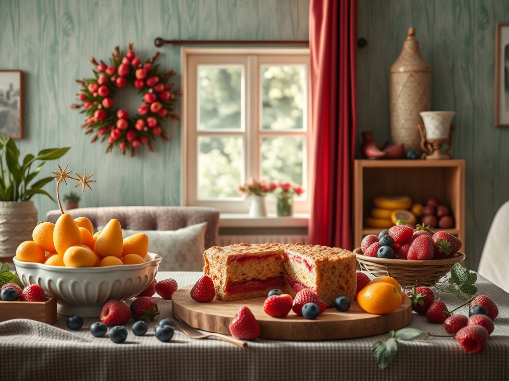 На столе стоят фрукты, торт и букеты, создавая уютную атмосферу в светлом интерьере.