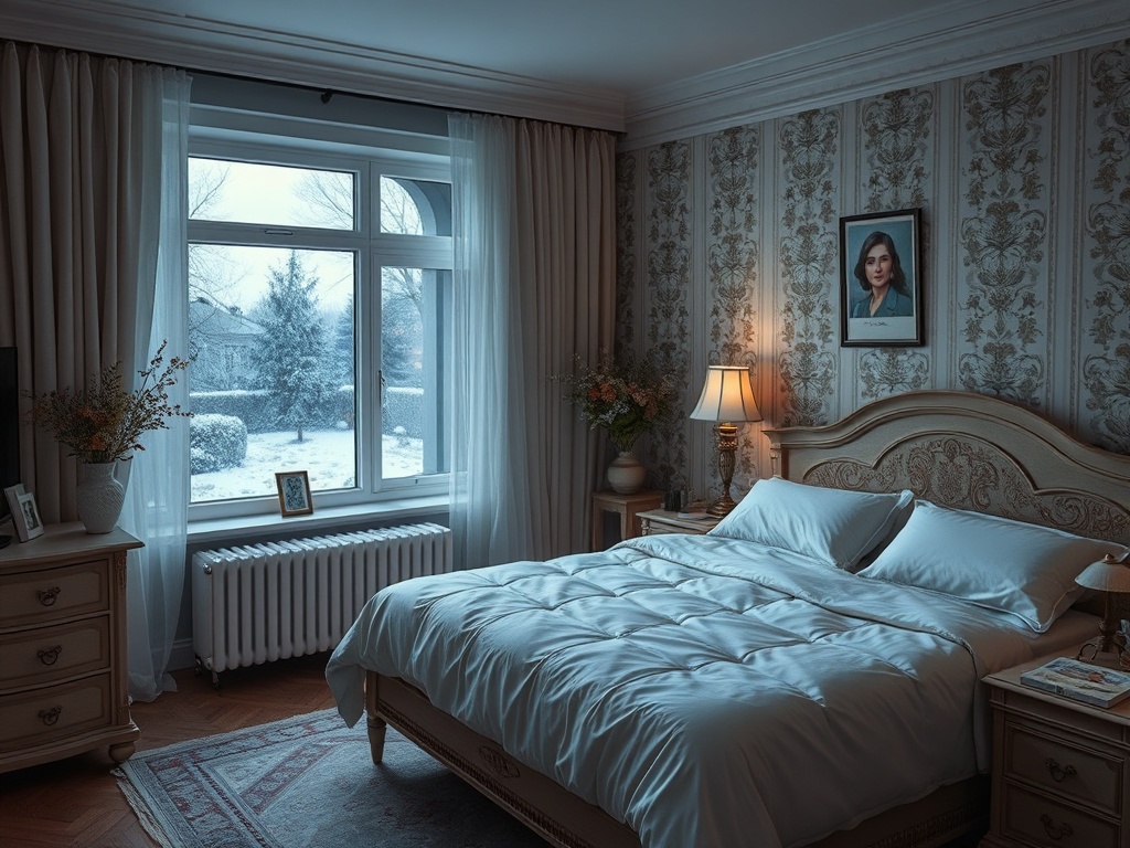 Уютная спальня с большой кроватью, окном, за которым снег, и уютными элементами декора.