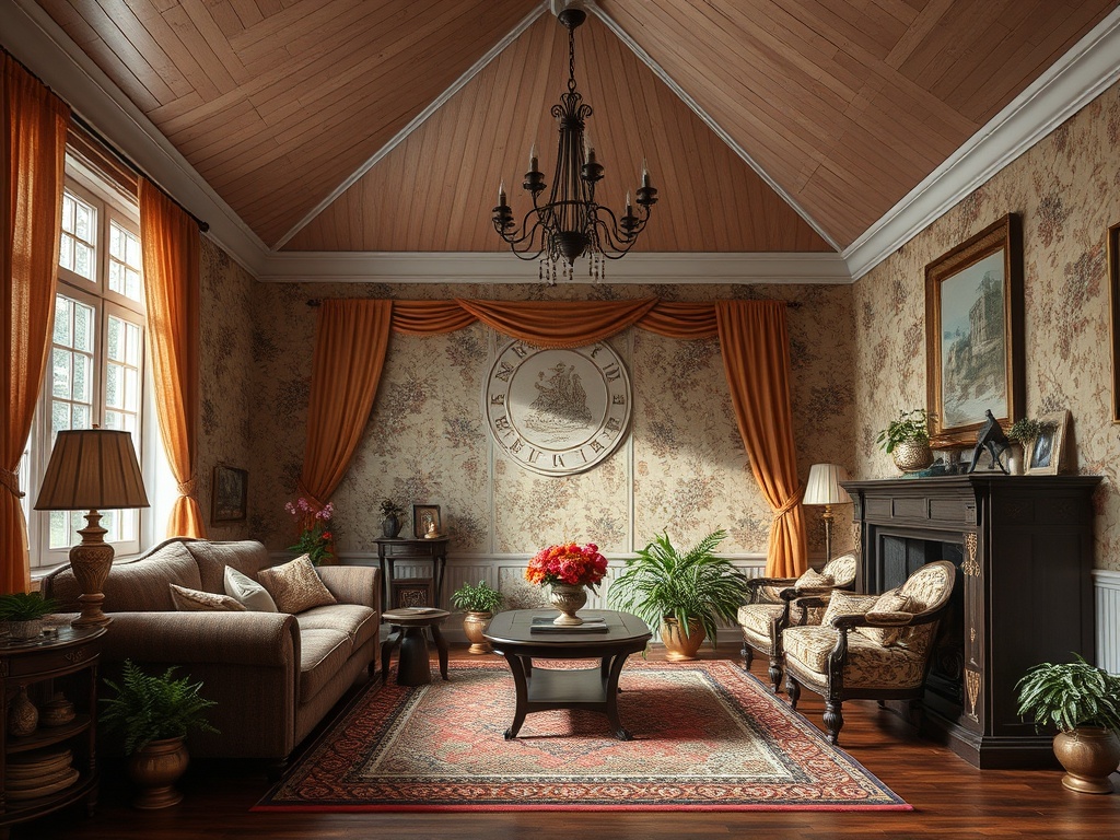 Комната в классическом стиле с красивыми шторами, мебелью и цветами на столе, уютная и элегантная.