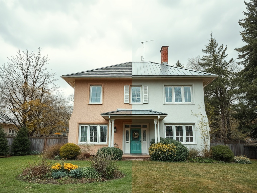 Двухэтажный дом с зелеными дверями и окнами, окруженный красивым садом и деревьями. На небе облака.