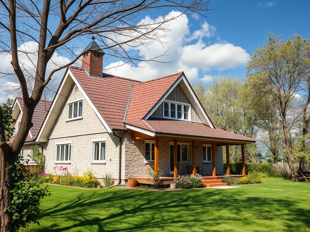 Современный загородный дом с садом на фоне синего неба и зелёной травы. Деревья вокруг, солнечный день.