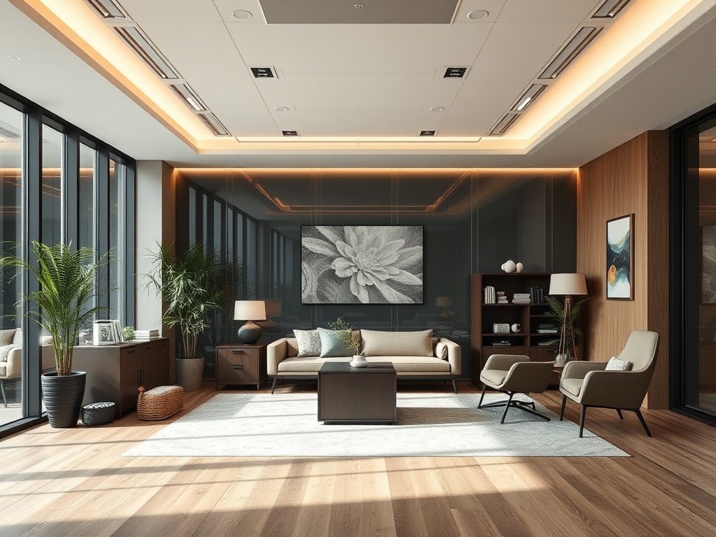 Современный офис с большими окнами, комфортной мебелью и стильным декором на стенах.