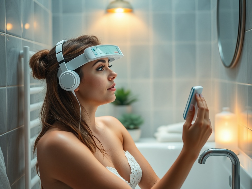 Девушка в ванной с наушниками и умным устройством, погружена в мир технологий и комфорта.